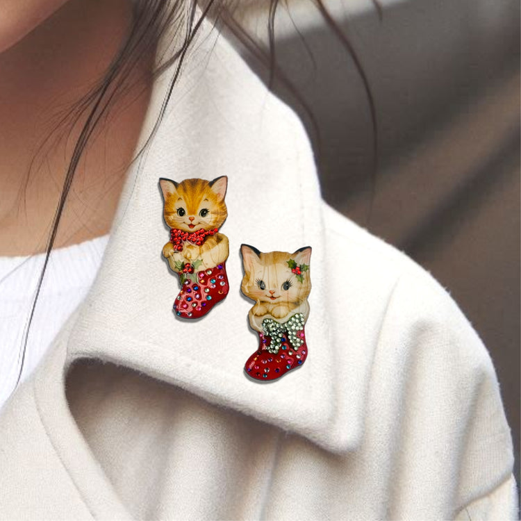 Vintage Christmas illustration of kitten in a stocking Brooch
