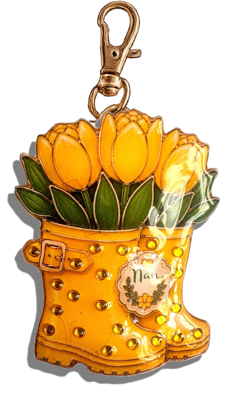 yellow gardener's keyring with tulips