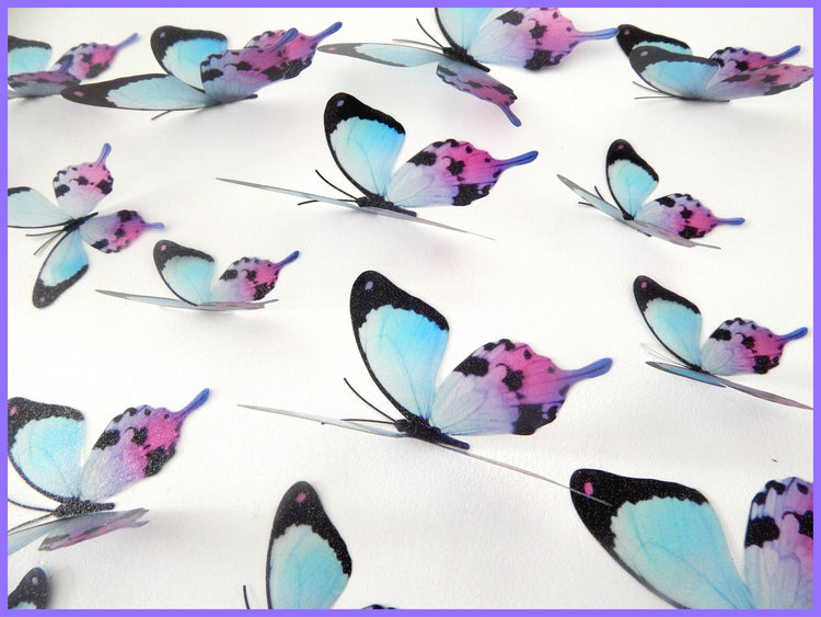 Set of 16 3D Mariposa Colorida butterflies, very pretty, natural looking faux butterflies in very pretty in pink, lilac and blues, stickers