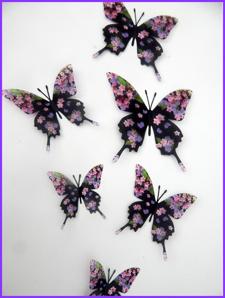 Floral handmade 3d butterflies, butterfly stickers with purple and pink flowers, wall stickers
