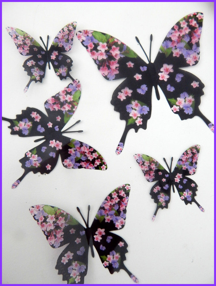 black pink and purple floral wall sticker butterflies
