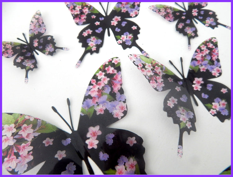 Floral handmade 3d butterflies, butterfly stickers with purple and pink flowers, wall stickers