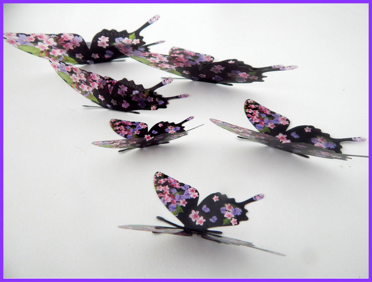 Floral handmade 3d butterflies, butterfly stickers with purple and pink flowers, wall stickers