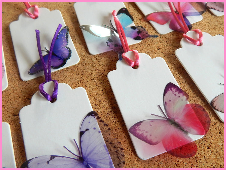 Butterfly gift tags. 10 pink and purple natural butterfly gift tags, set of gift tags. Handmade. Luxury Hand Made Butterfly Gift Tags