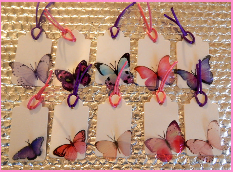 Butterfly gift tags. 10 pink and purple natural butterfly gift tags, set of gift tags. Handmade. Luxury Hand Made Butterfly Gift Tags