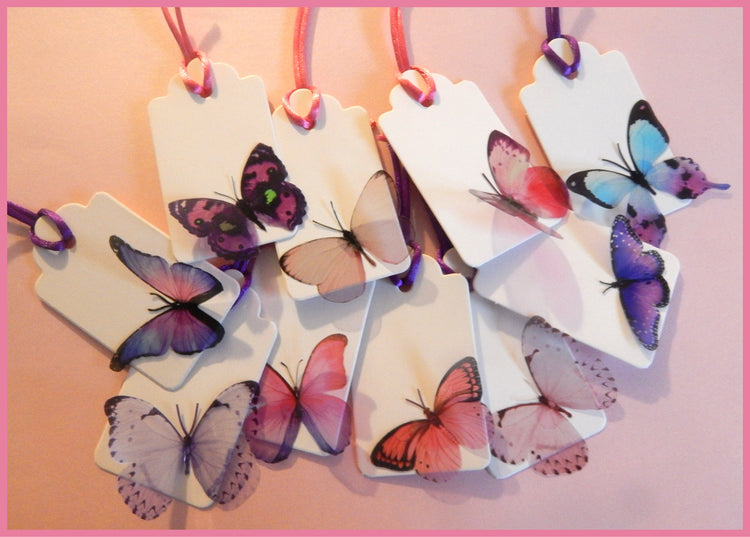 Butterfly gift tags. 10 pink and purple natural butterfly gift tags, set of gift tags. Handmade. Luxury Hand Made Butterfly Gift Tags