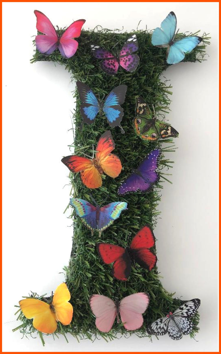Personalised artificial grass letters with butterflies, hand crafted by Flutterframes, alternative to wooden flower,floral lettering