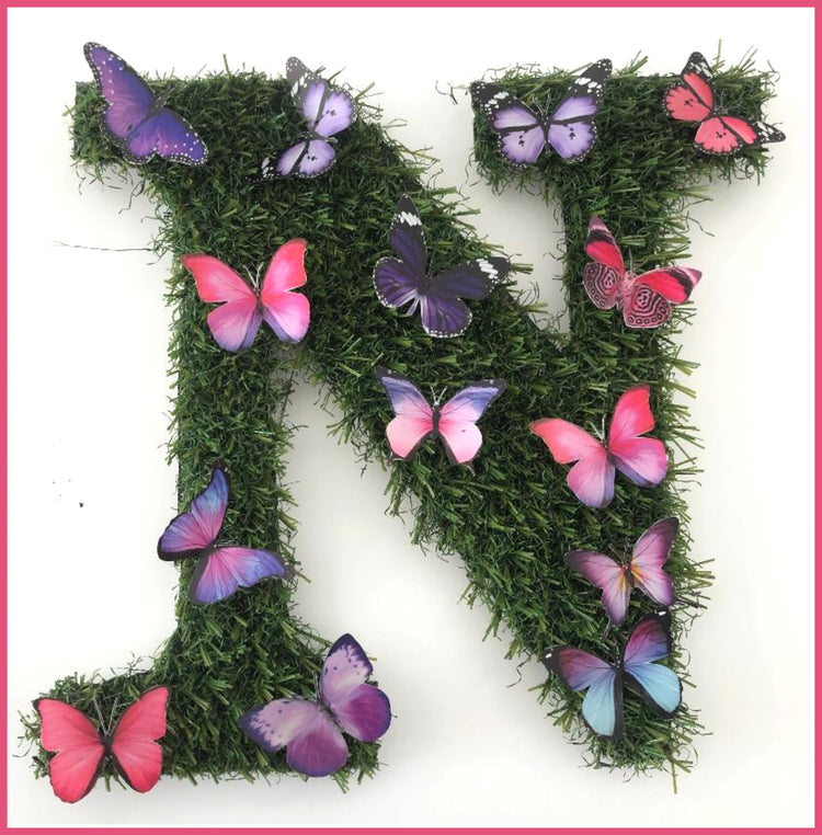 Personalised artificial grass letters with butterflies, hand crafted by Flutterframes, alternative to wooden flower,floral lettering