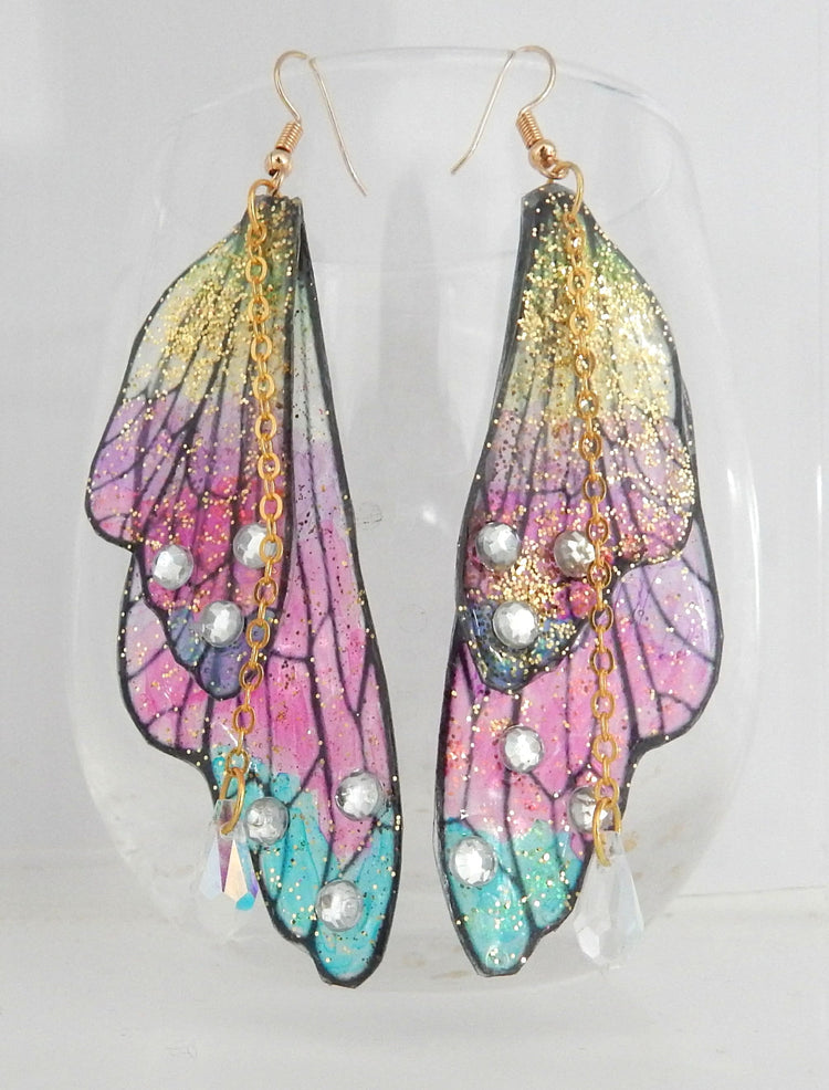 Large multi-colored Fairy Wing Earrings,Fairy Jewelry,Gay Pride,mystical Earrings,Fantasy Earrings, party Earrings,Drag Queen.Resin .Quirky