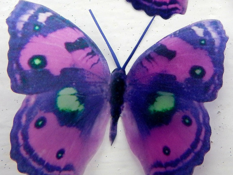 6 purple, lime green spotted 3D butterflies flying wall