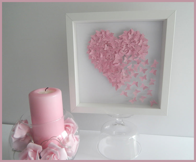 Anniversary, wedding butterfly heart personalised picture pink, glitter heart with lots of tiny butterflies unique hand crafted