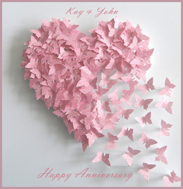 Anniversary, wedding butterfly heart personalised picture pink, glitter heart with lots of tiny butterflies unique hand crafted