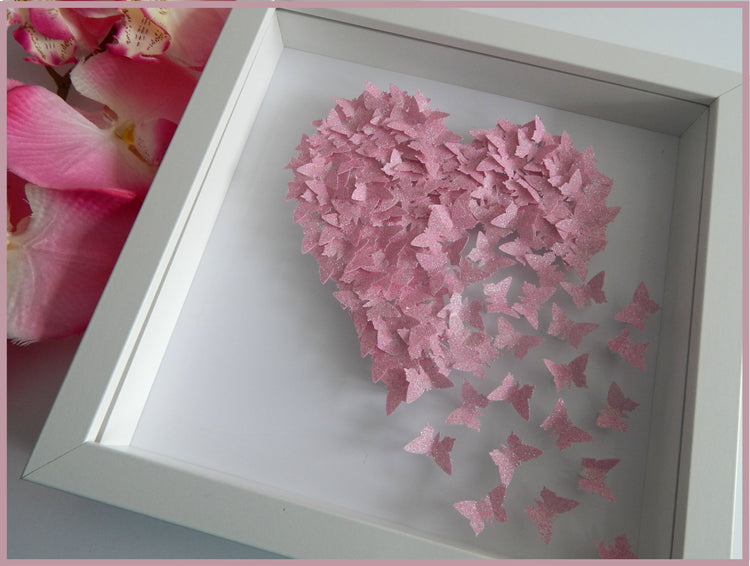 Anniversary, wedding butterfly heart personalised picture pink, glitter heart with lots of tiny butterflies unique hand crafted