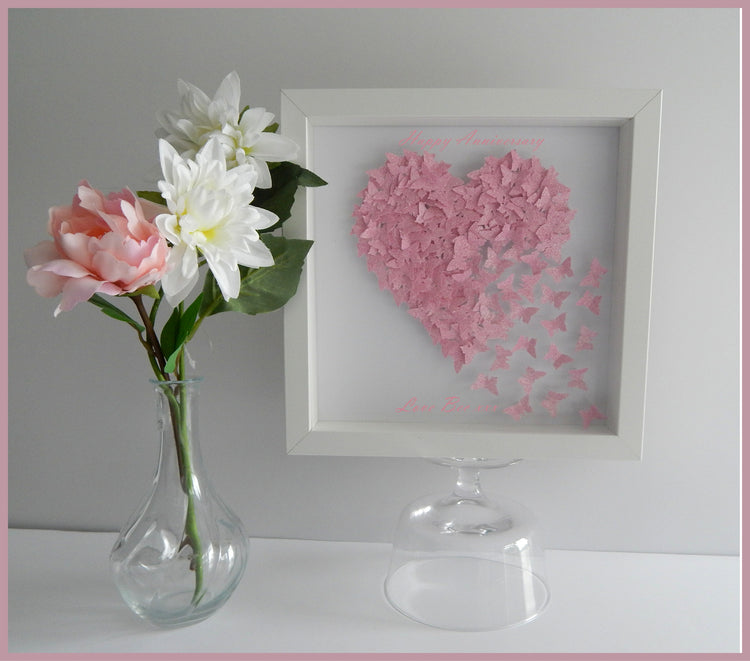 Anniversary, wedding butterfly heart personalised picture pink, glitter heart with lots of tiny butterflies unique hand crafted