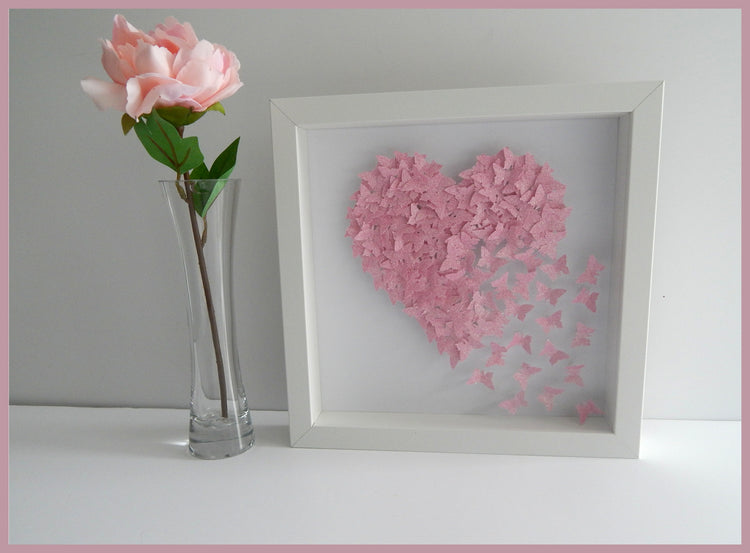 Anniversary, wedding butterfly heart personalised picture pink, glitter heart with lots of tiny butterflies unique hand crafted