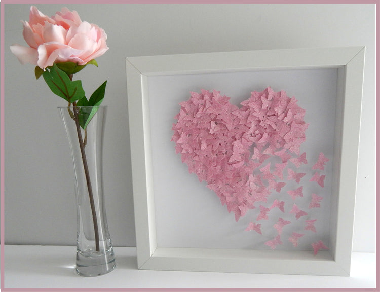 Anniversary, wedding butterfly heart personalised picture pink, glitter heart with lots of tiny butterflies unique hand crafted