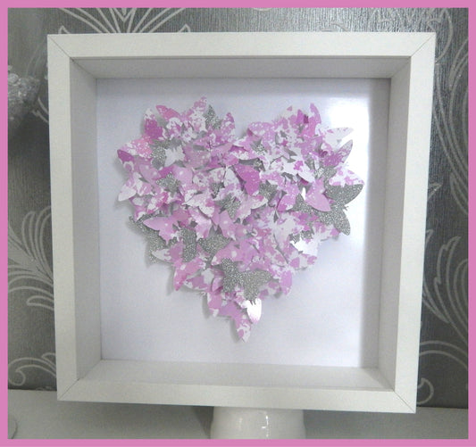 3d butterfly heart picture,silver and pink hand crafted made with lots of tiny butterflies hand crafted