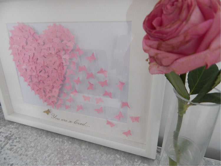 Personalised Wedding,anniversary,engagement picture,3d glitter,Pretty pink picture,butterfly heart picture,pink ,wedding,girls bedroom,mum