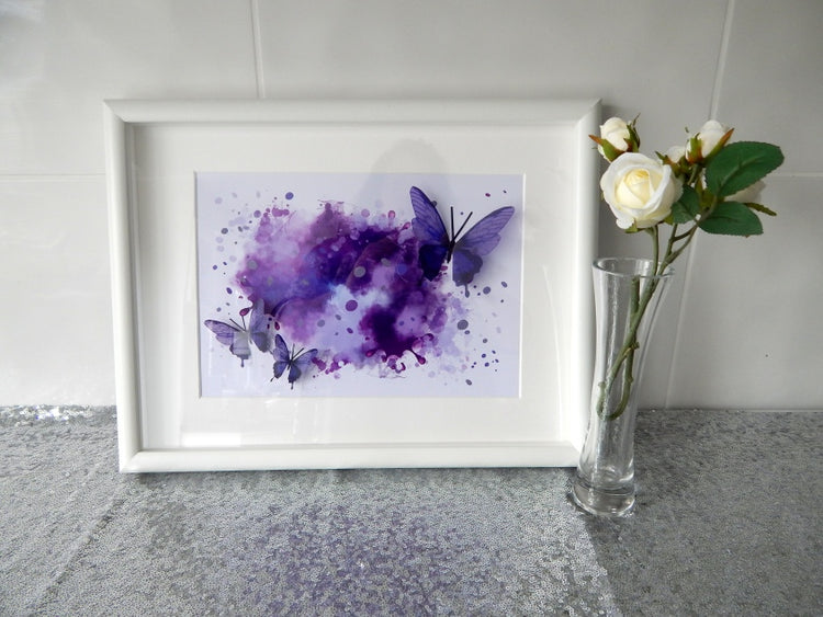 Purple 3d butterflies framed picture