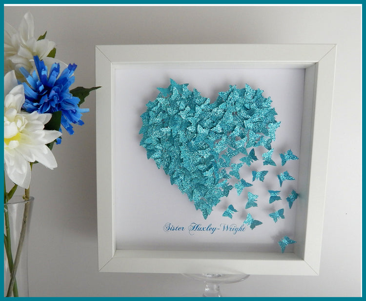 Anniversary, wedding butterfly heart personalised picture,Teal / Turquoise, glitter heart with lots of tiny butterflies unique hand crafted