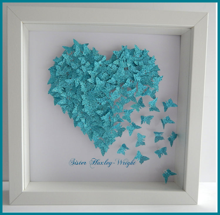 Anniversary, wedding butterfly heart personalised picture,Teal / Turquoise, glitter heart with lots of tiny butterflies unique hand crafted