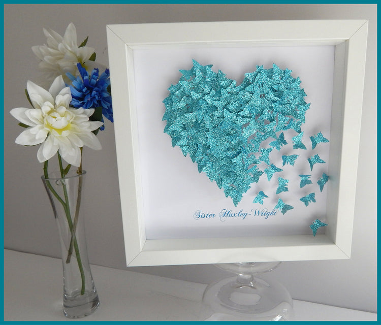 Anniversary, wedding butterfly heart personalised picture,Teal / Turquoise, glitter heart with lots of tiny butterflies unique hand crafted