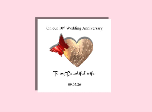 Tin 10th Wedding anniversary card with tin heart and red butterfly
