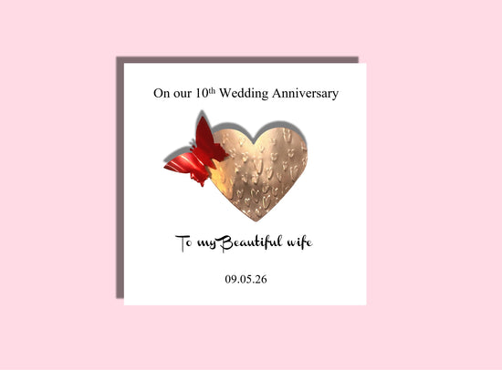 Tin 10th Wedding anniversary card with tin heart and red butterfly