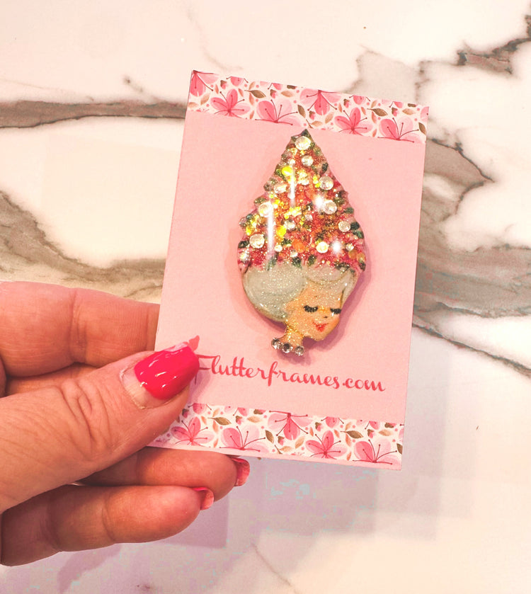 Retro Christmas tree illustration of girl 1940's Brooch – Handmade Illustrated