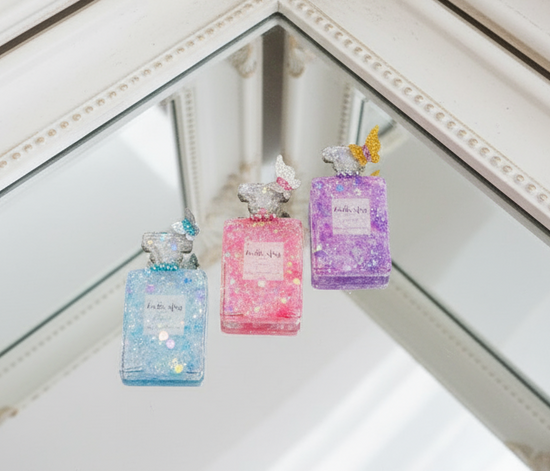 Handmade Perfume Bottle Pin 3d Sticker Upcycled Tin cans with Shiny Resin & Holographic Glitter