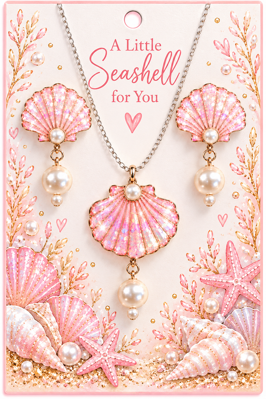 Pink Seashell Pearl Jewellery Set – Handmade Recycled Tin Necklace &amp; Drop Earrings – Iridescent Pink Beach Jewellery