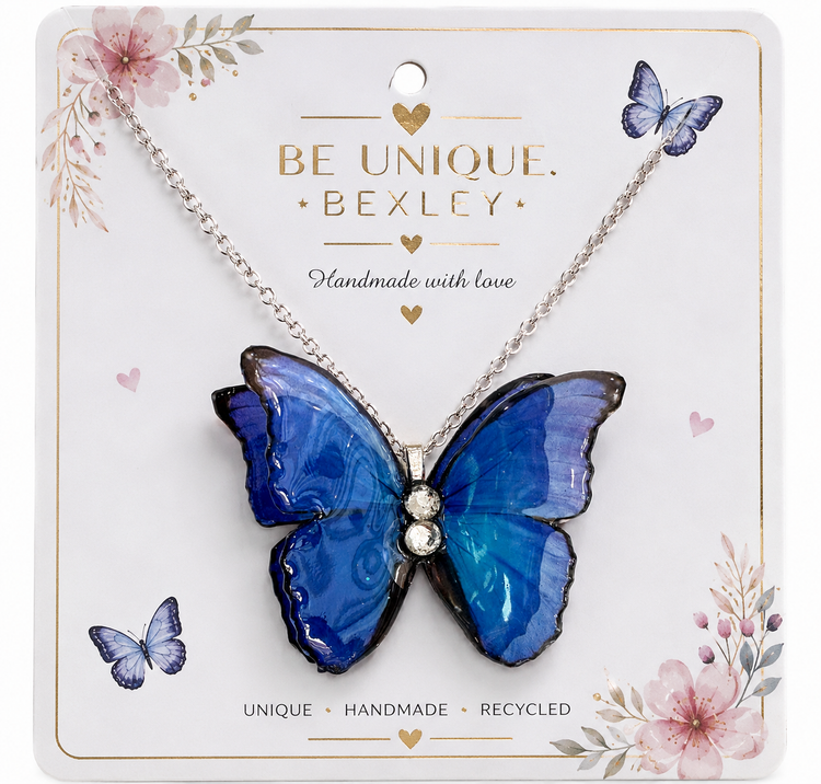 Blue Morpho Butterfly Iridescent Pendant Necklace – Handmade Statement Jewellery