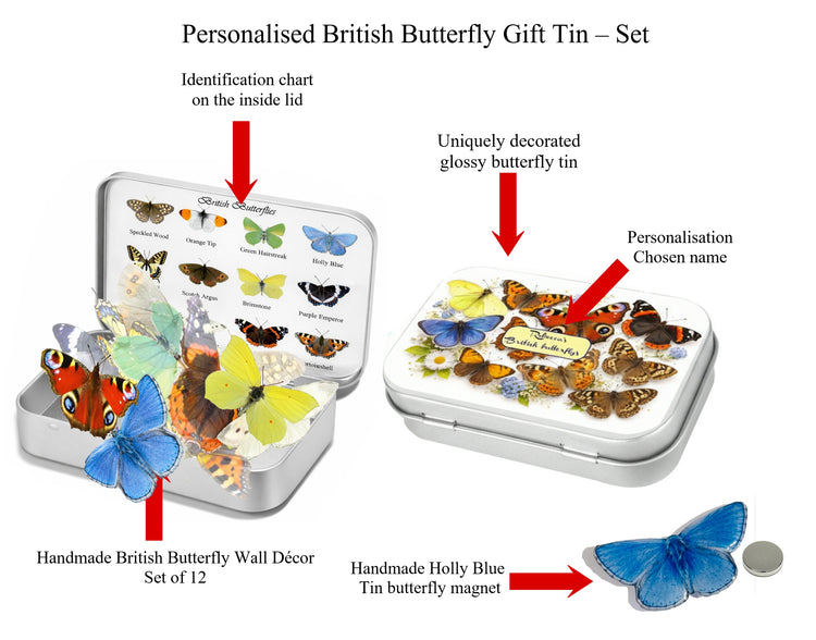 Personalised British Butterfly Gift Tin Set with 12 BUTTERFLIES AND MAGNET