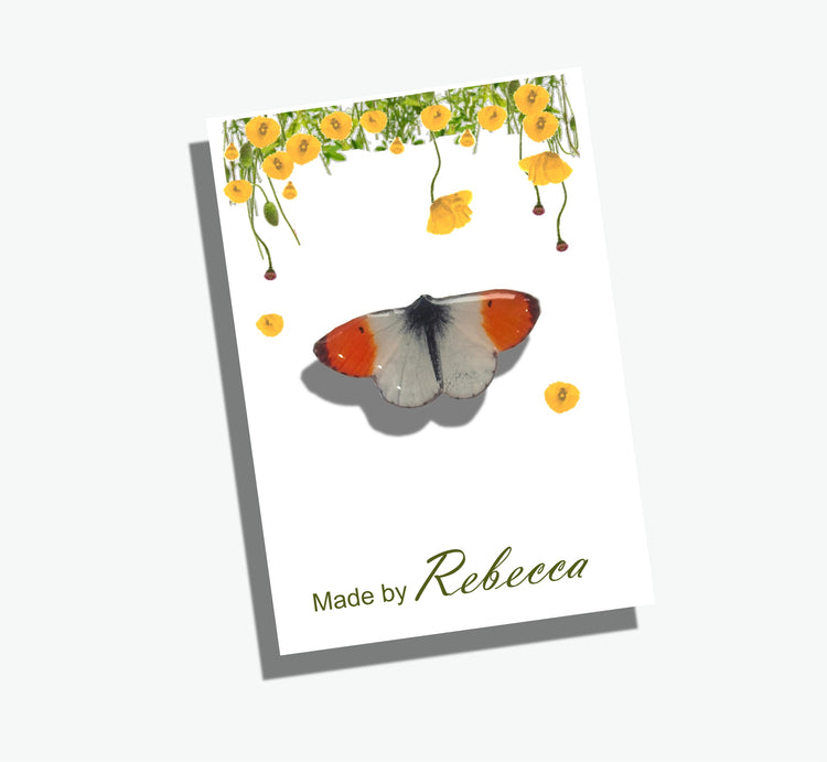 Orange Tip butterfly enamel pin made from recycled tin cans