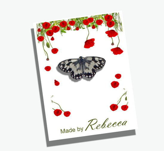 Marbled white butterfly enamel pin made from recycled tin cans
