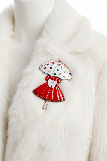 Brooch with a red dress and colorful umbrella 