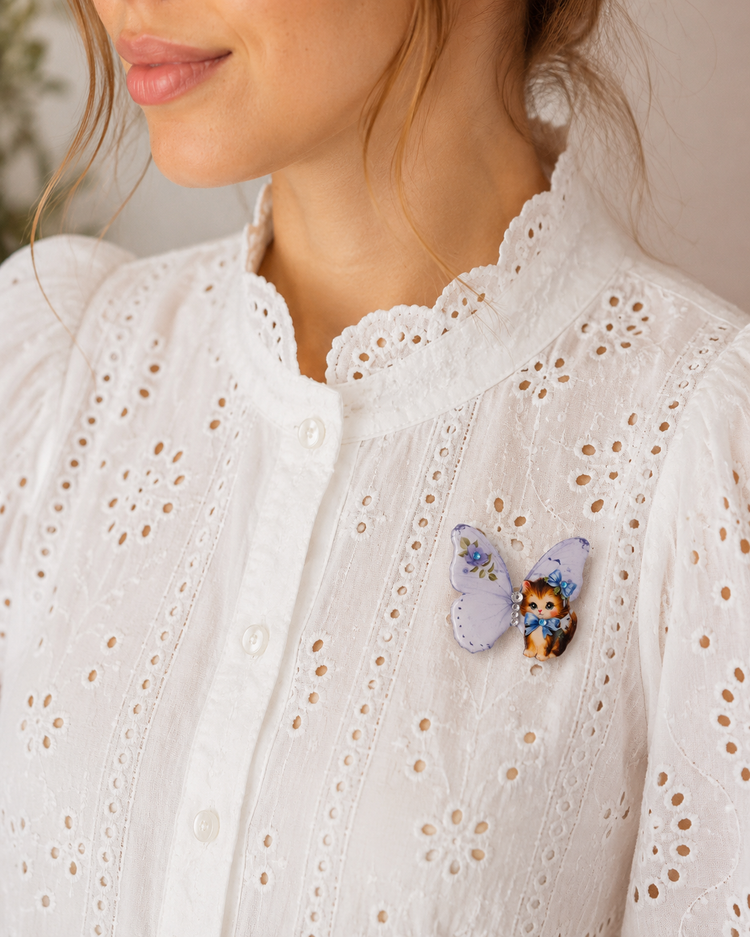Butterfly cat enamel pin in blue, handmade