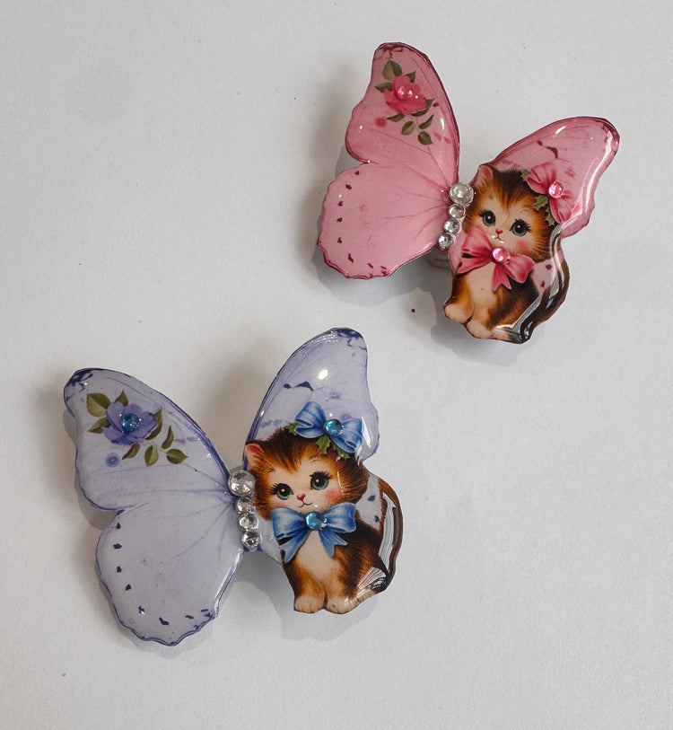 Butterfly cat enamel pin in pink and blue, handmade