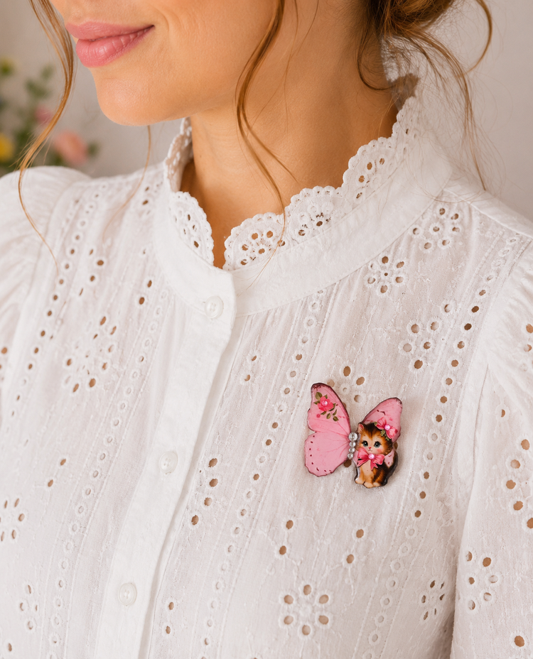 Butterfly cat enamel pin in pink, handmade