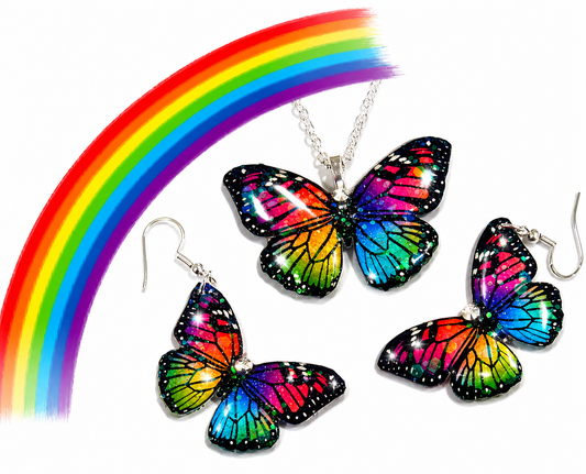 Butterfly jewelry set with rainbow-colored wings 