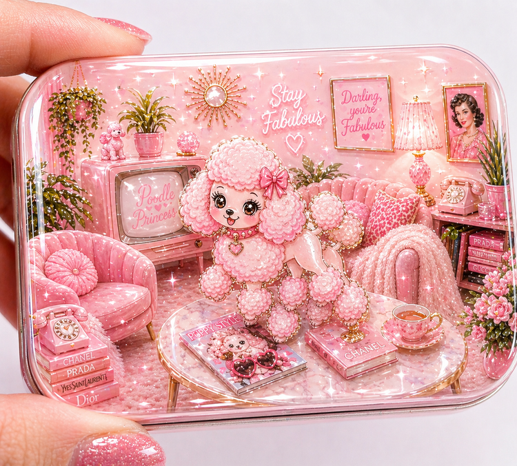 Pink poodle in a retro lounge with decorative poodle magnet small tin 