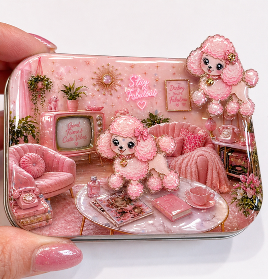 Pink poodle small handmade tin with  cute magnet