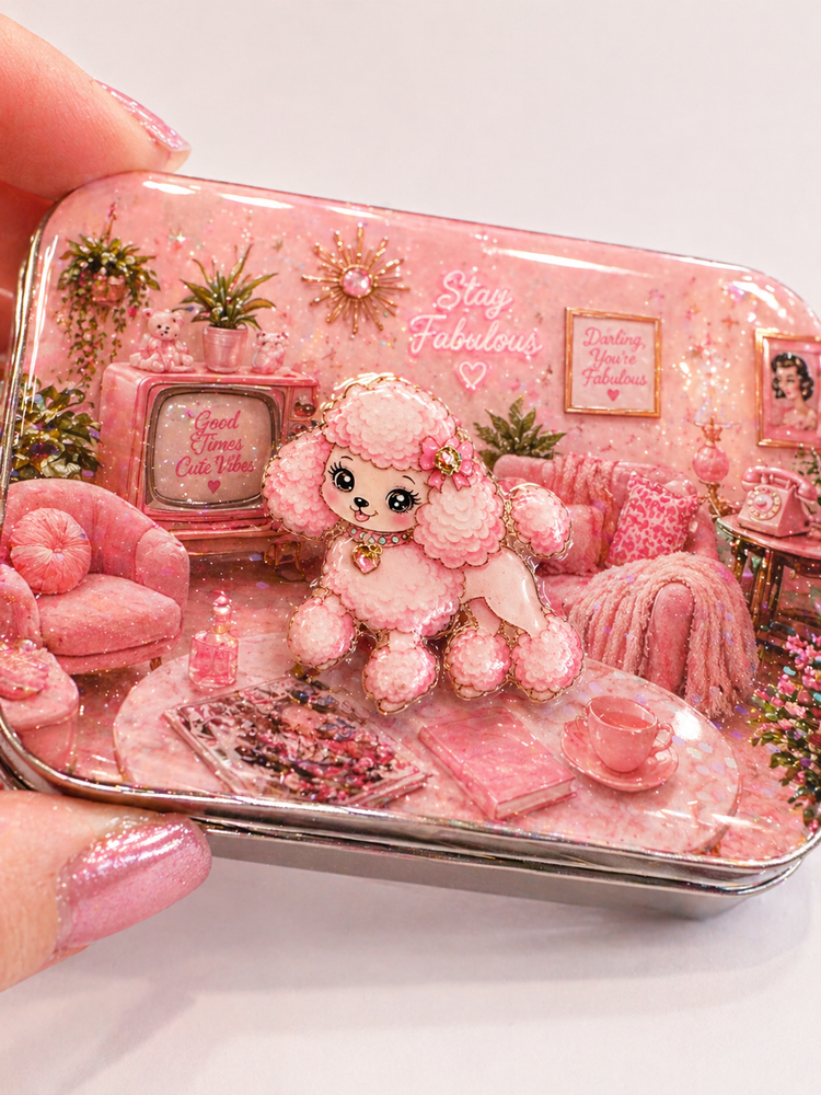 Pink poodle handmade tin with magnet