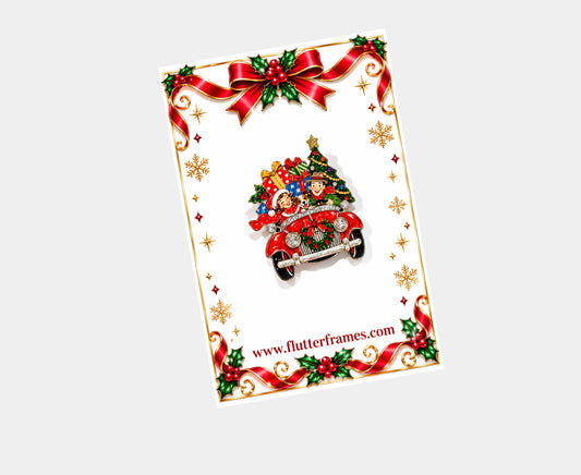 Retro Christmas Car Pin, vehicle with Tree Brooch, 1950s Style Festive Jewellery, Unique Nostalgic Christmas Gift, car brooch Handmade from recycled tin cans.