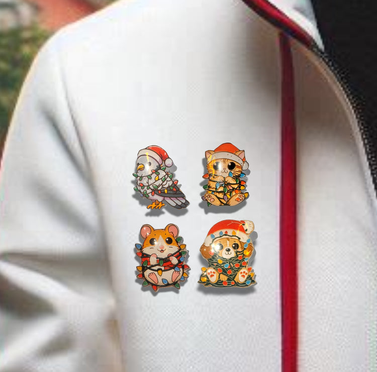 Christmas cute animal pins or magnets. Made from recycled Tin cans. Cat, dog, pigeon, hamster.– Eco-Friendly Gift