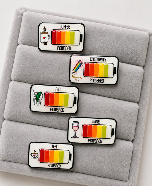 Coffee, tea, gin, wine, creativity powered pin