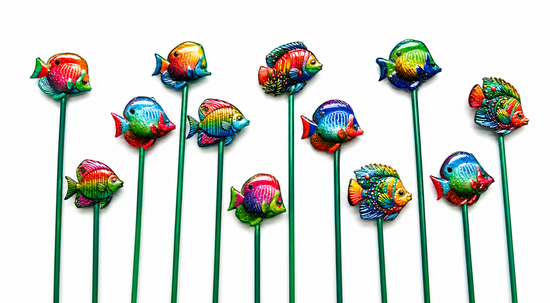 Colorful fish-shaped garden stakes 