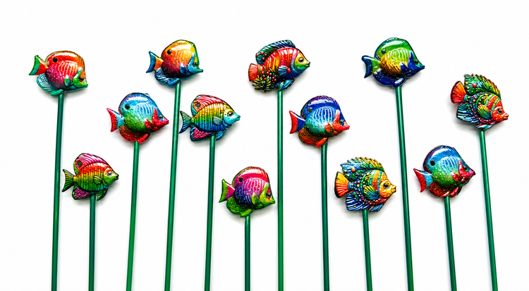 Colorful fish-shaped garden stakes 