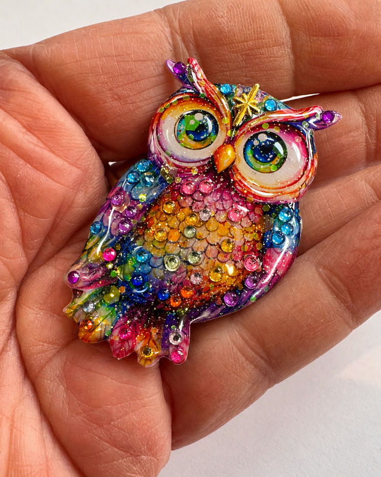 Colorful owl-shaped brooch