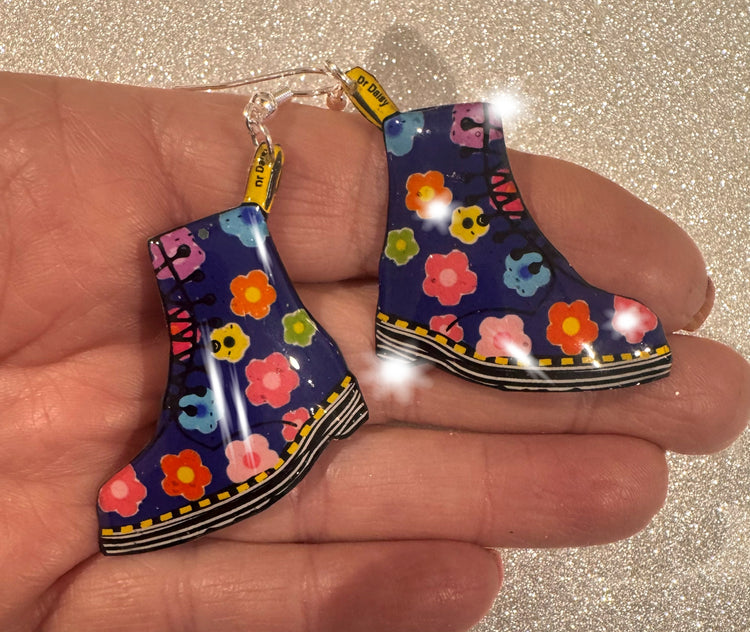 Dr Marten handmade earrings navy floral. Tin can art